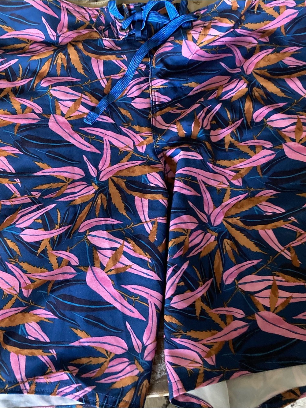 Patagonia Navy Shorts with Pink and Brown Leaf Print